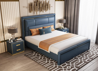 Bedroom Set Bed 2x Bedside table 3 pcs Design Modern Luxury Blue Gold